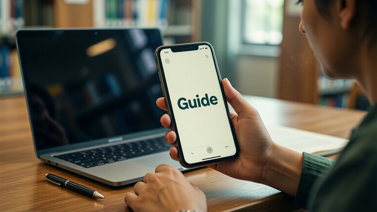 An Indian woman in her thirties with short hair at a library reading table with a closed laptop and a pen beside her, holding one phone upright toward us; the phone screen is ivory with the single word "Guide" in big dark teal letters, only one person and one phone in the picture
