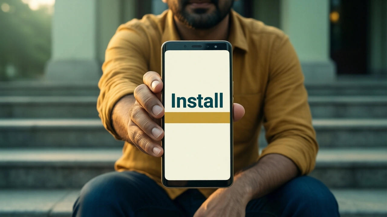 An Indian man in his thirties in a mustard cotton shirt sitting on the steps of a building at dusk, holding one Android phone toward us at arm's length; the phone screen is ivory with the single word "Install" in big dark teal letters above one wide gold bar, only one person and one phone in the picture