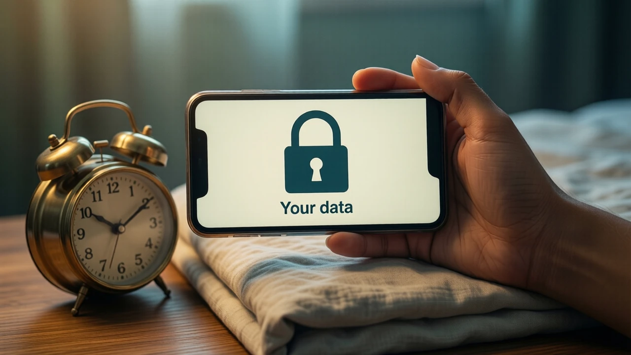A close view of a woman's hand holding a phone above a folded cotton bedsheet next to a brass alarm clock in soft evening light; the whole screen is one flat ivory field with a big closed padlock outline in dark teal and the two words "Your data" under it