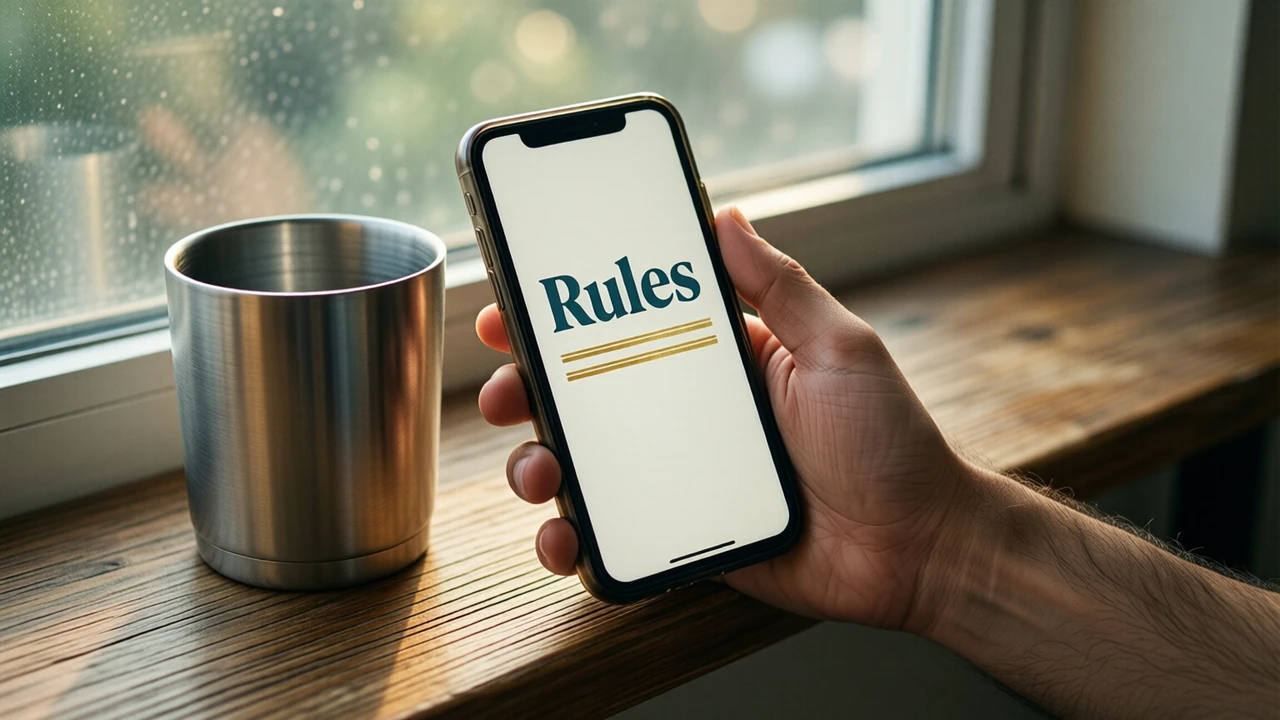 A close view of a man's hand holding a phone beside a steel tumbler on a wooden shelf by a window in daylight; the whole screen is one flat ivory field with the single word "Rules" in big dark teal letters above three short gold lines